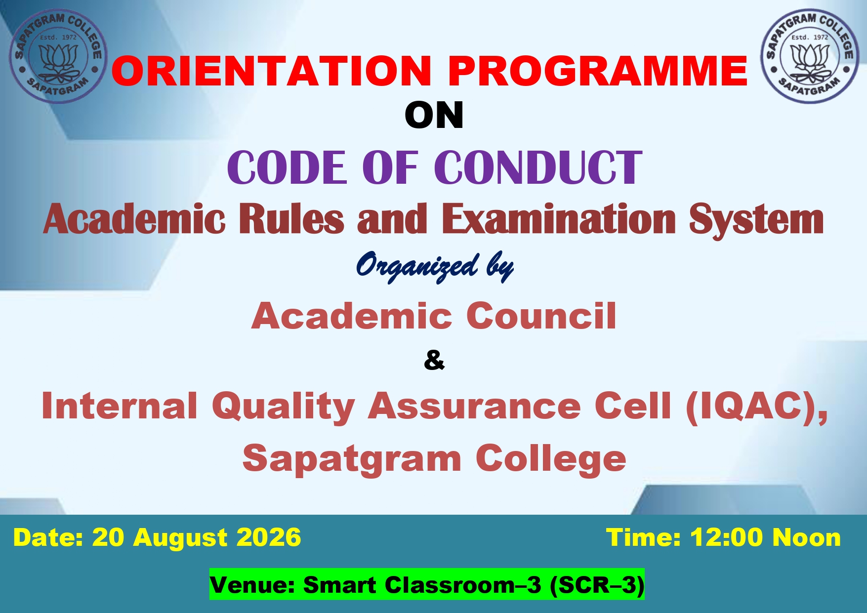 Orientation Programme on Code of Conduct, Academic Rules and Examination System
